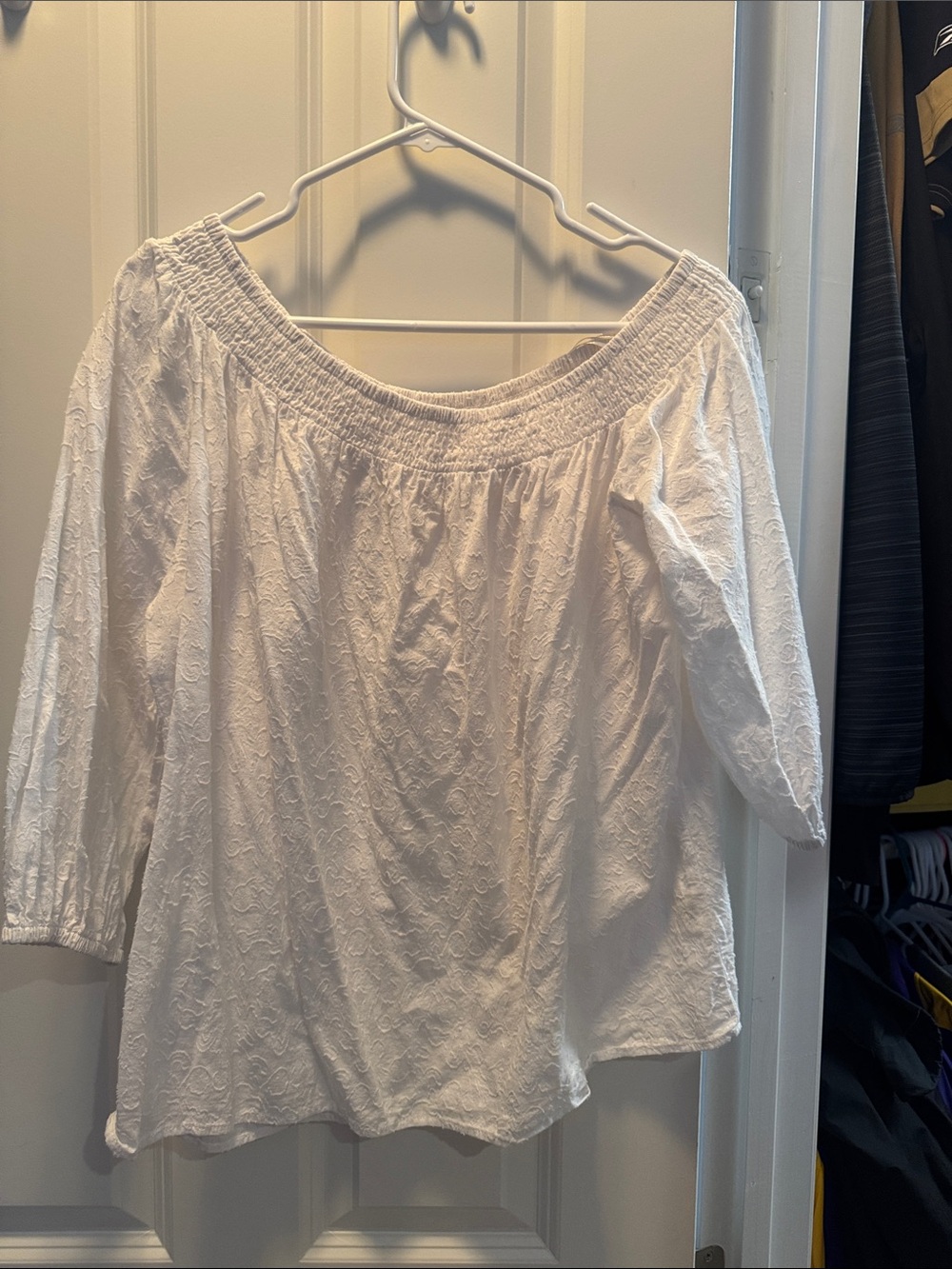 Sugarlips White Off-Shoulder Textured Peasant Blouse